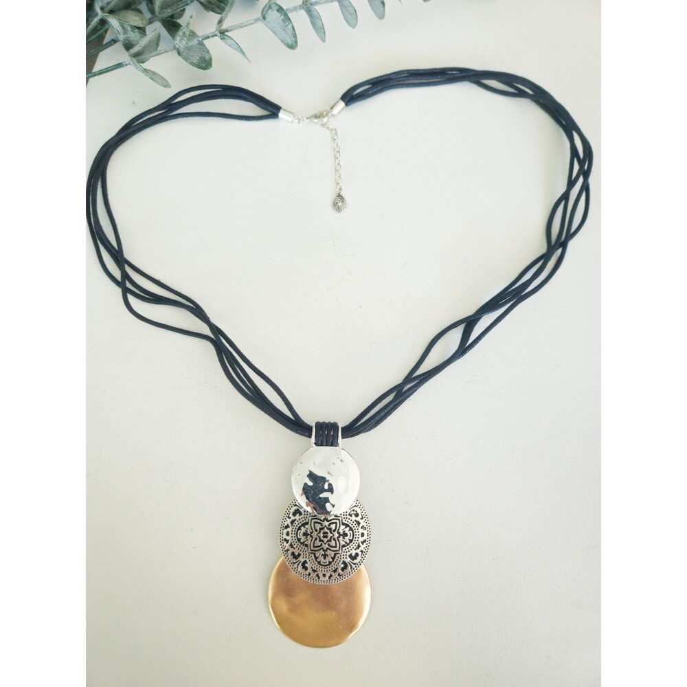 Premier Designs Mixed Metal Pendant Necklace Multi Strand Black Cord Statement N